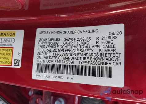 2020 Honda Accord Ex-L from USA, damaged, VIN 1HGCV1F54LA127390